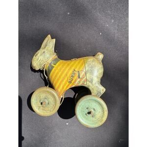 Vintage 1930s Chinook Bunny Tin Litho Pull Toy Visible damage -TO16